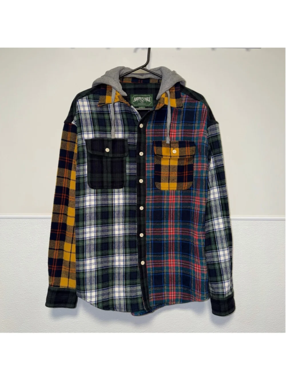 Mens American Eagle AEO Multi-color plaid Casual Shirt removable hood S Small